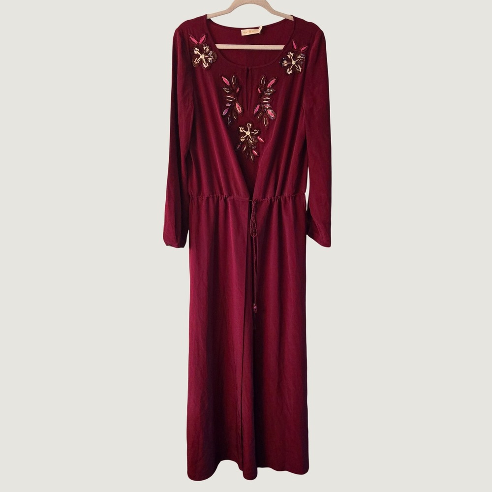 Tory Burch Burgundy Silk Sequin Beaded Maxi Dress 12 Long Sleeve Boho Ethereal